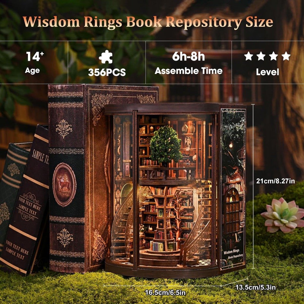 Wisdom Rings Book Repository DIY Book Nook Kit for Adults, 3D Wooden Puzzle Miniature Library Bookshelf Insert Bookend Decor with LED Light and Dust Cover, Touch Switch, Gift for Avid Readers