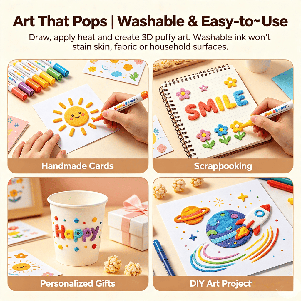 Magic DIY Puffy Popcorn Drawing Pens, Heat‑Activated 3D Raised Bubble Art Markers, Washable Paint Pens for Greeting Cards, DIY Crafts & Scrapbooking