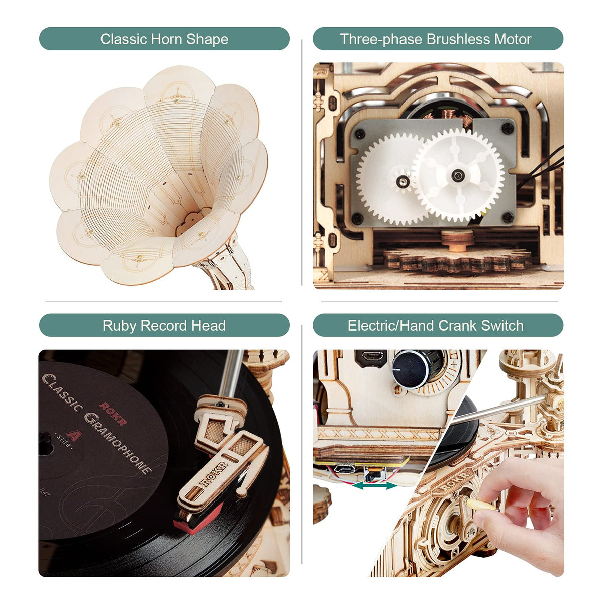 ROKR 3D Wooden Puzzle Automatic Gramophone Model Kits Electric Mode Self-Assembly Record Player Support 7"/10" Vinyl Premium Gifts Home Decor