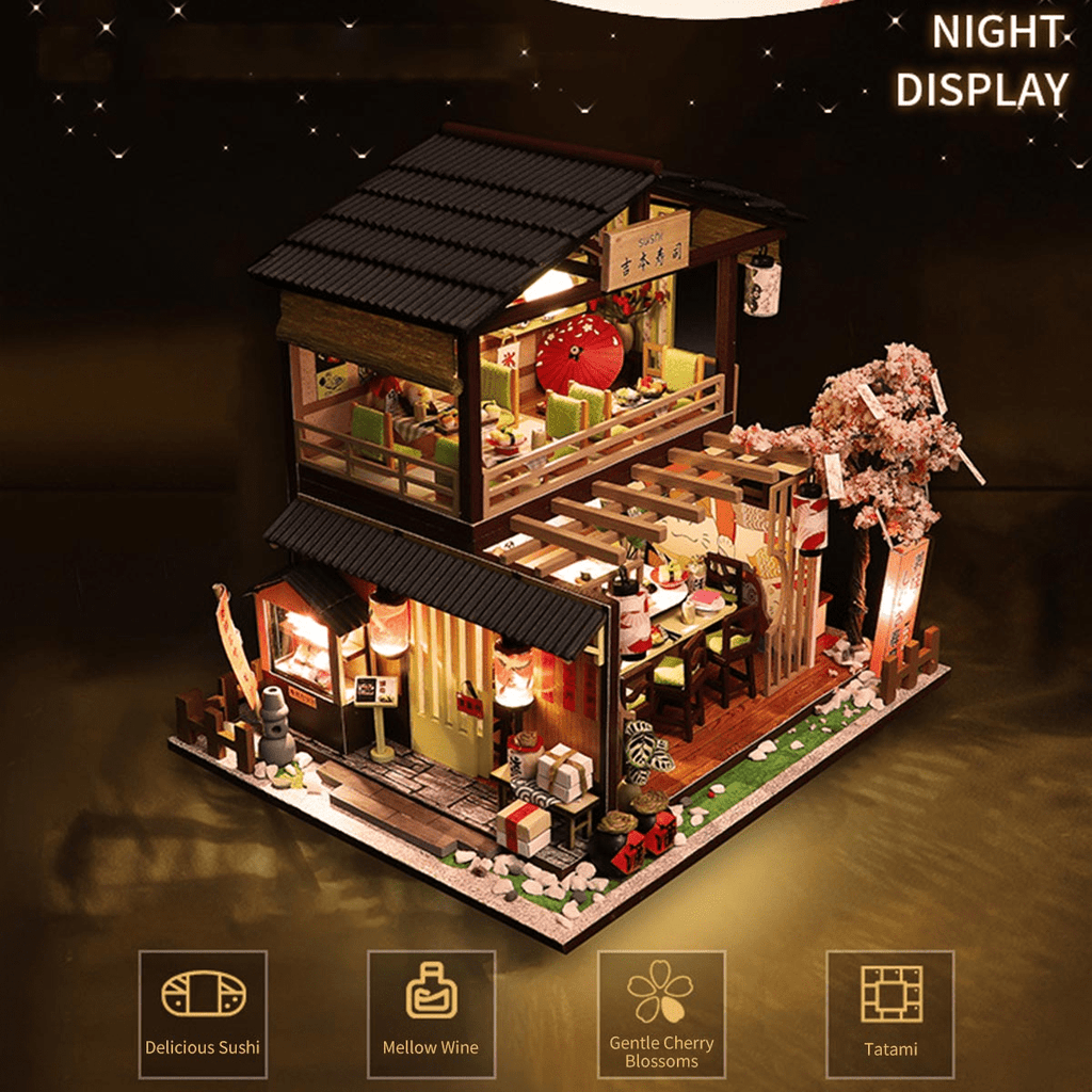 DIY Vintage Japanese Sushi Shop 3D Wooden Building Model Kit, 200+ PCS Miniature House Puzzle, Creative Handcrafted Display Gift for Adults