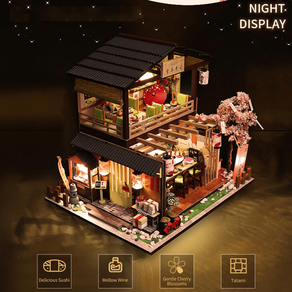DIY Vintage Japanese Sushi Shop 3D Wooden Building Model Kit, 200+ PCS Miniature House Puzzle, Creative Handcrafted Display Gift for Adults