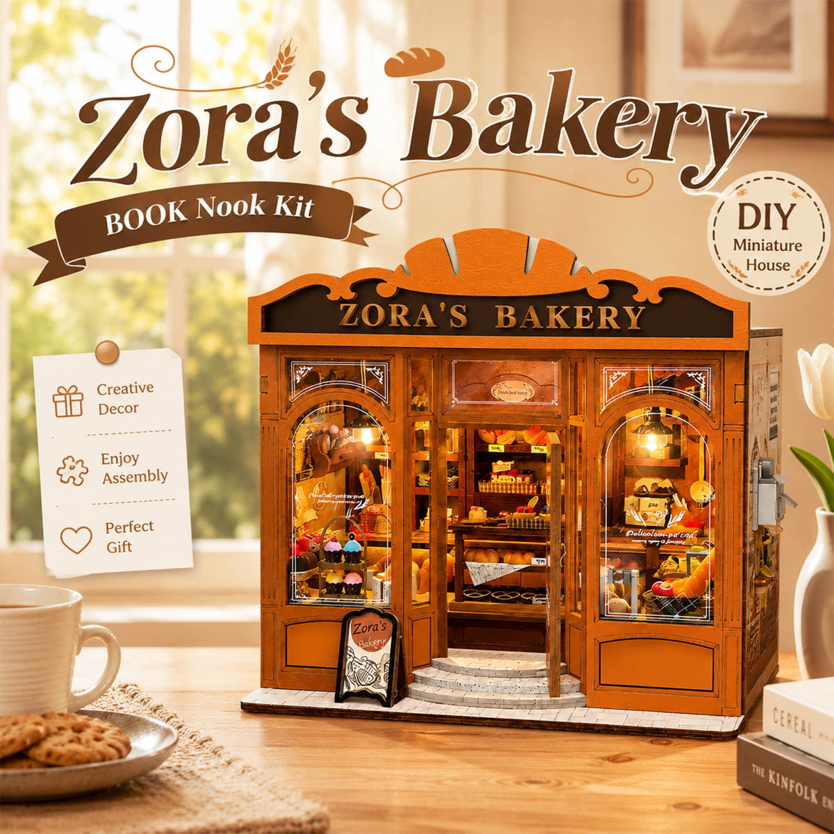 MOJINO DIY Book Nook Kit, Zora's Bakery Miniature House 3D Wooden Puzzle with LED Light, Tiny Home Dollhouse Craft Kit for Adults & Teens