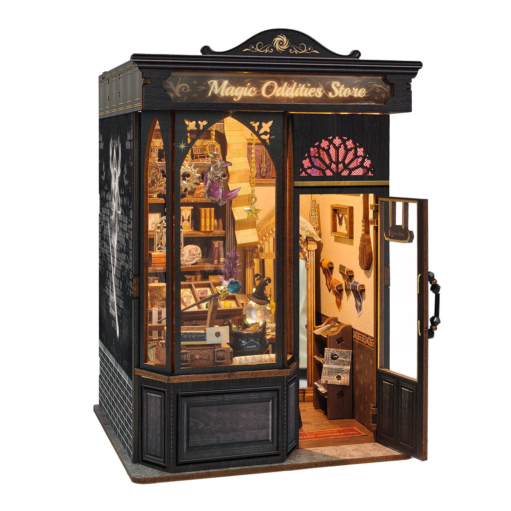Strucwood Magic Oddities Store DIY Wooden Book Nook Kit with Touch LED Lights,3D Miniature Wizard Shop Puzzle Craft Gifts for Adults(SQ-109)