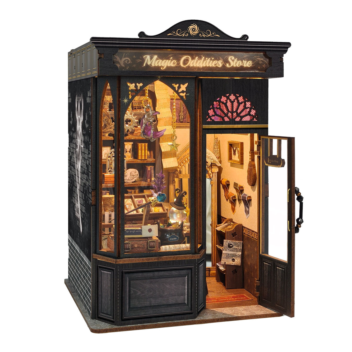Strucwood Magic Oddities Store DIY Wooden Book Nook Kit with Touch LED Lights,3D Miniature Wizard Shop Puzzle Craft Gifts for Adults(SQ-109)