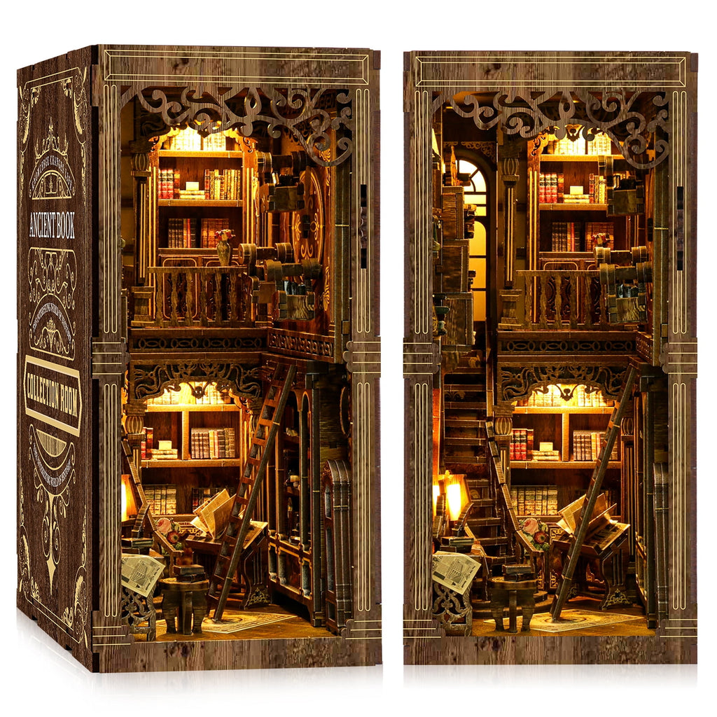 Book Nook Kit for Adults, 3D Wooden Puzzle with LED Light, Ancient Book Collection Model Bookshelf Decor, DIY Miniature MDF Bookshelf Craft Decor