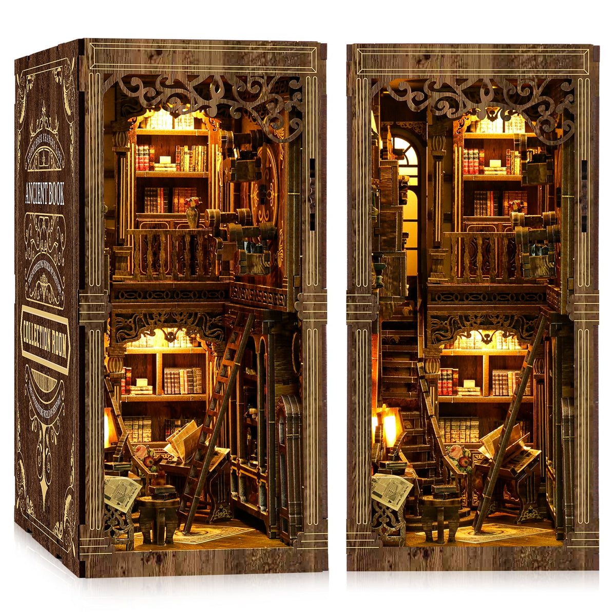 Book Nook Kit for Adults, 3D Wooden Puzzle with LED Light, Ancient Book Collection Model Bookshelf Decor, DIY Miniature MDF Bookshelf Craft Decor