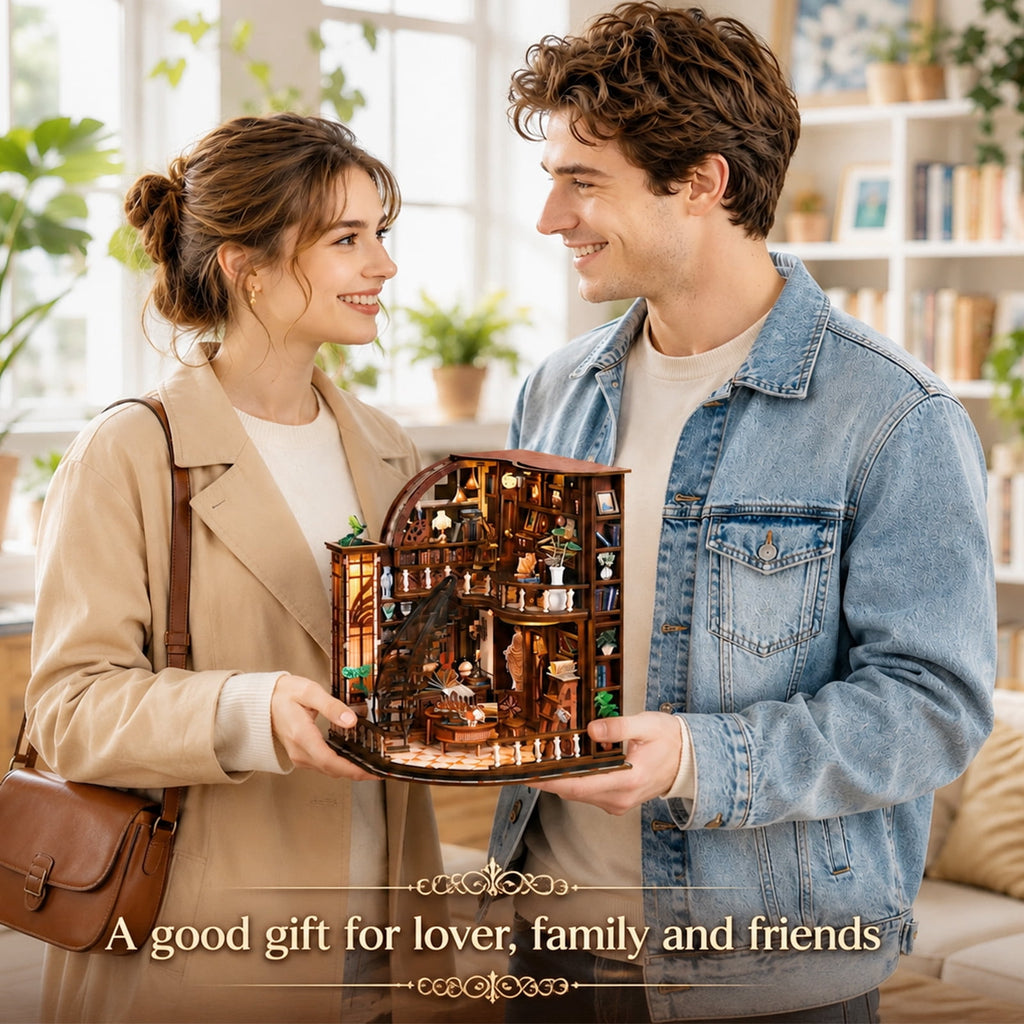 MOJINO Bacchus Bookstore Book Nook Kit for Adults, DIY Miniature House Kit with LED Light, 3D Wooden Puzzle Bookshelf Decor, Vintage Craft Kit