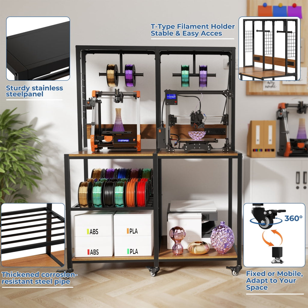 ENTU 3D Printer Stand with Filament Storage Heavy Duty Metal Workstation with T-Type Spool Holder Built-In Power Panel for Home Workshop Black