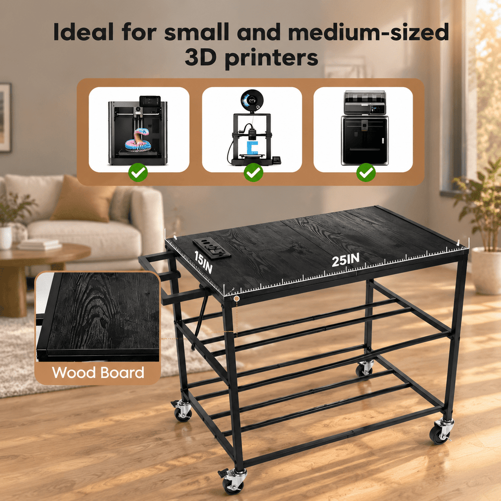 Rectangular Brown Heavy Duty Metal 3D Printer Table with Storage Drawer and Power Hub
