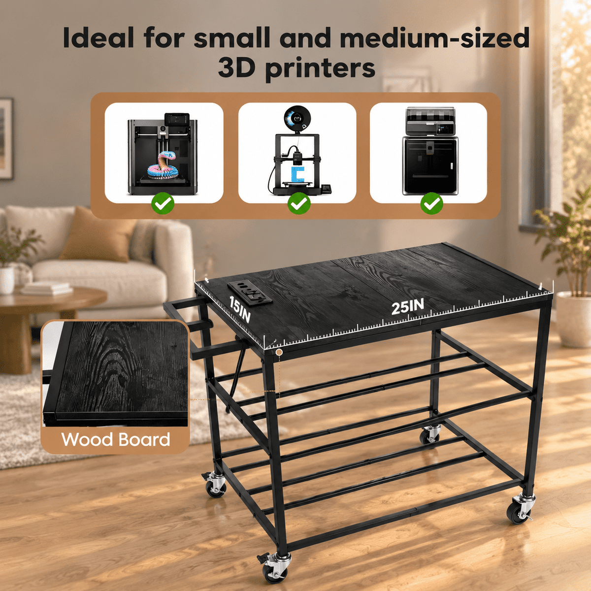 Rectangular Brown Heavy Duty Metal 3D Printer Table with Storage Drawer and Power Hub