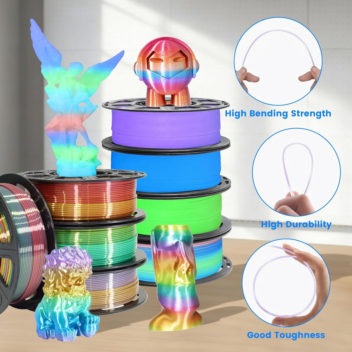 8 Spools Different Popular Colors 3D Printing Filament PLA Bundle, 1.75mm 4 Different Silk Rainbow PLA, 4 Different Glow in Dark PLA, Total 8 Spools Packed, 0.25kg/Spool, Total 2kg