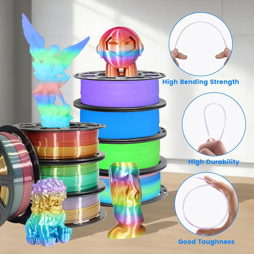 8 Spools Different Popular Colors 3D Printing Filament PLA Bundle, 1.75mm 4 Different Silk Rainbow PLA, 4 Different Glow in Dark PLA, Total 8 Spools Packed, 0.25kg/Spool, Total 2kg