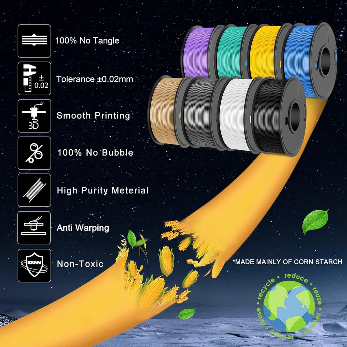 PLA 3D Printer Filament Bundle 8 Spools, 250g Each (2kg Total) 1.75mm Multicolor: Black, White, Grey, Red, Blue, Orange, Green, Transparent, Individually Vacuum Packed
