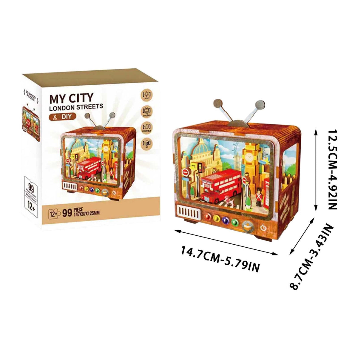 Yardvibe CityVision 3D Wooden Building Puzzle, TV-Shaped 3D Wooden Puzzle with LED Lights & Street View Inside, DIY Craft Model Kit for Adults, Elegant Home Decor & Creative Gift (Japan)