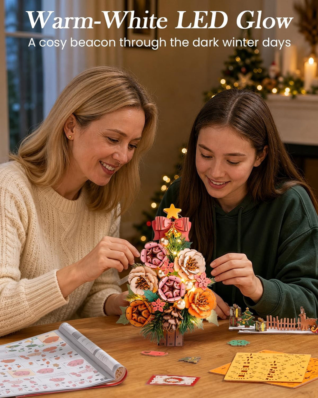 ROWOOD Everglow Christmas Tree, Flower 3D Wooden Puzzle with LED Lights, DIY Holiday Botanical Decoration for Adults Xmas Gift