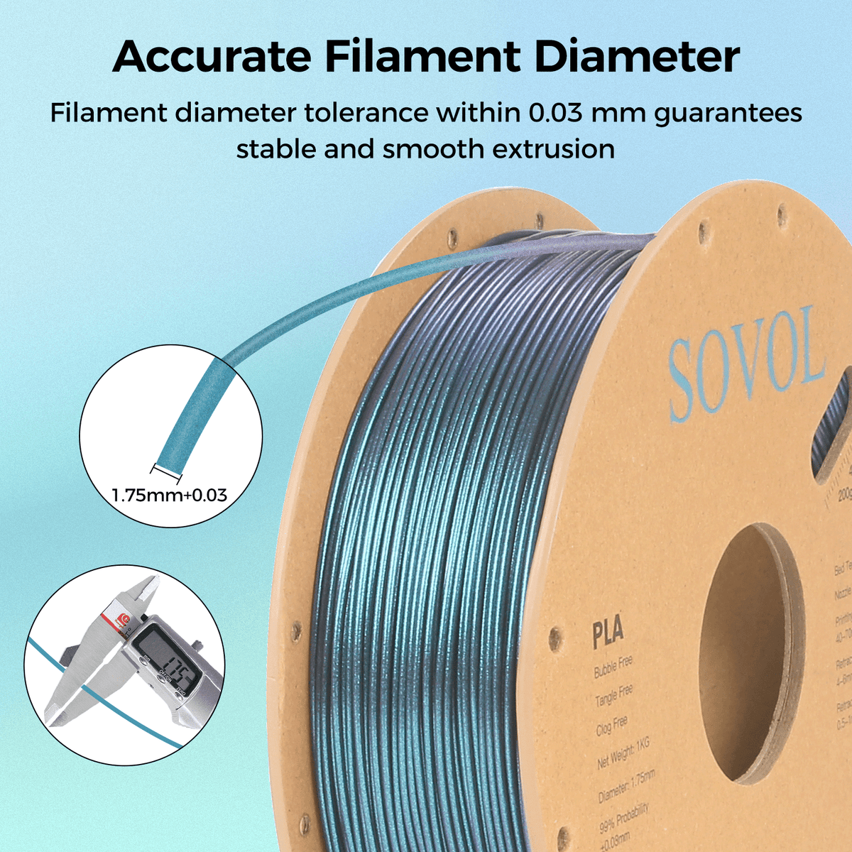 Sovol Silk PLA Filament with Blue Glitter 1kg 1.75mm, Color Changeable 3D Printer Filament 2.2lbs, Chameleon Shiny PLA Material +/-0.03mm, Shimmering 3D Printing Filament, Galaxy Blue