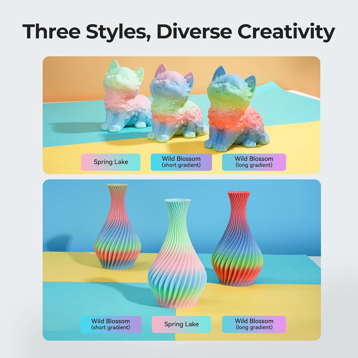 Creality Hyper Rainbow PLA 3D Printing Filament Smooth Vibrant Gradients 300mm/s Printing Speed 2.2lb-Wild Blossom(Short)