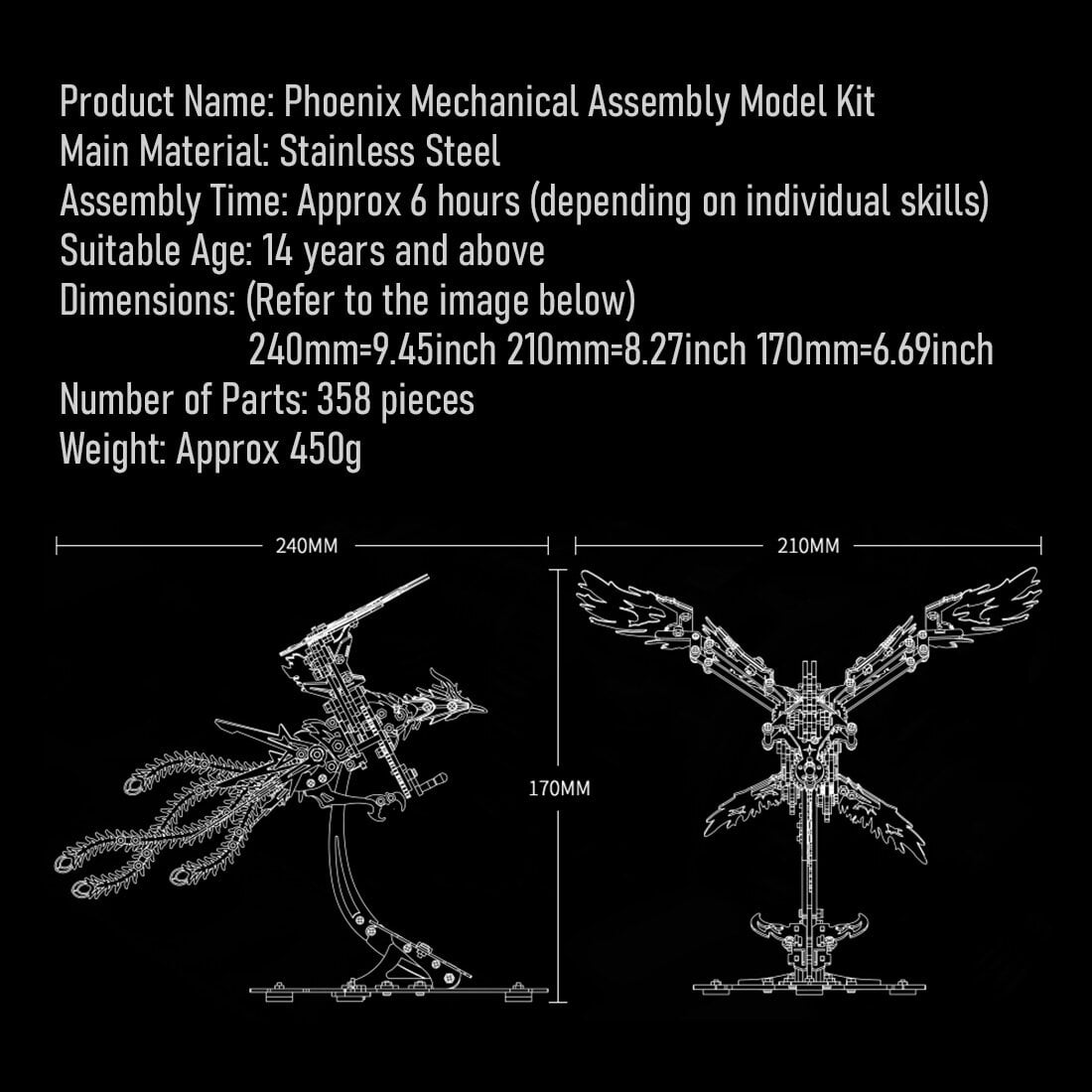 3D Metal Puzzle Phoenix 358 PCS, Steampunk Mechanical Model Kit With DIY Assembly, Home Display Desk Decor For Adult Collectors And Creative Gifts