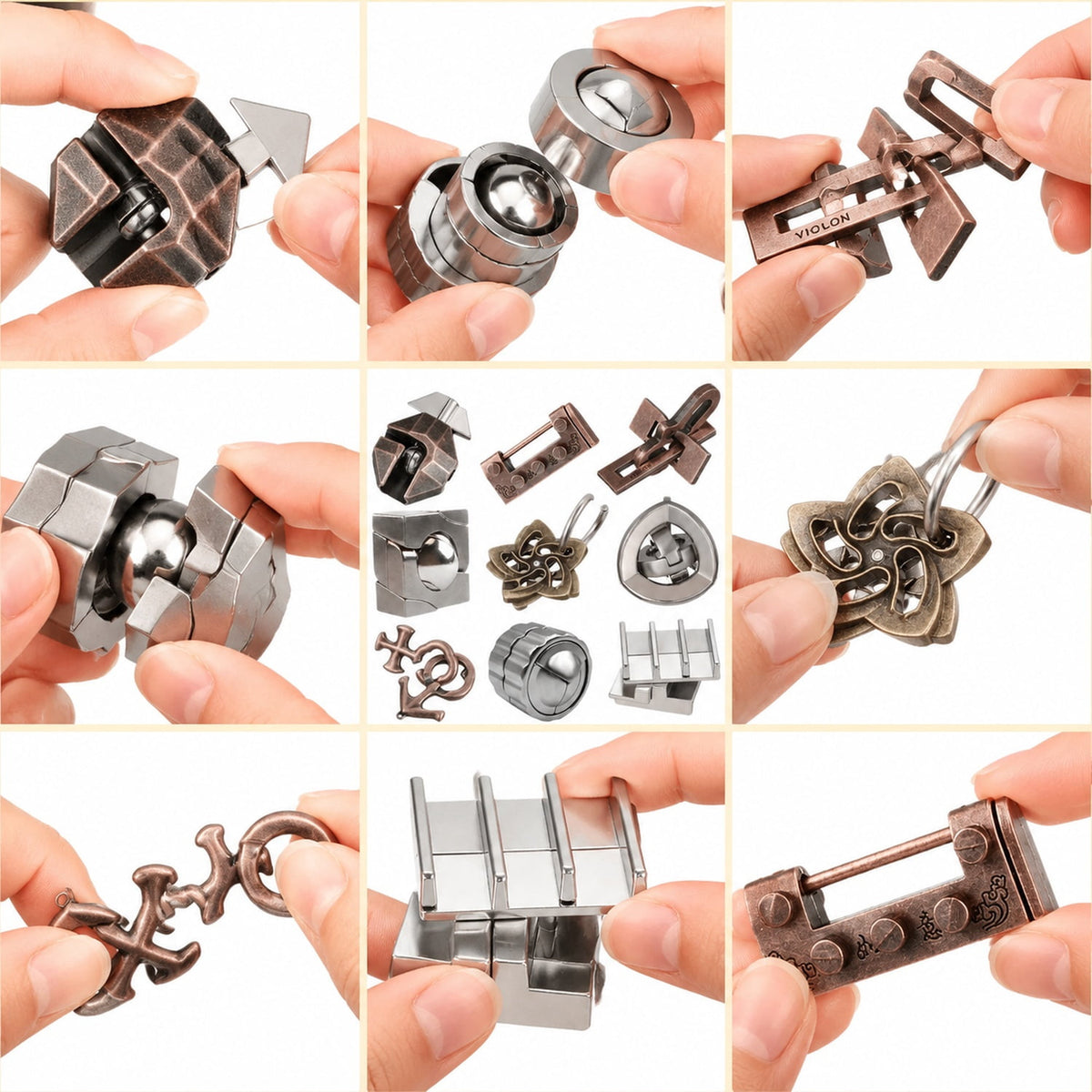 9PCS Metal Brain Teaser Puzzle Set, 3D Steel Interlocking IQ Puzzles with Assorted Shapes (Sphere, Cross, Star, Blocks, Cylinder & More), Logic Mind Challenge Games for Stress Relief & Gift Giving