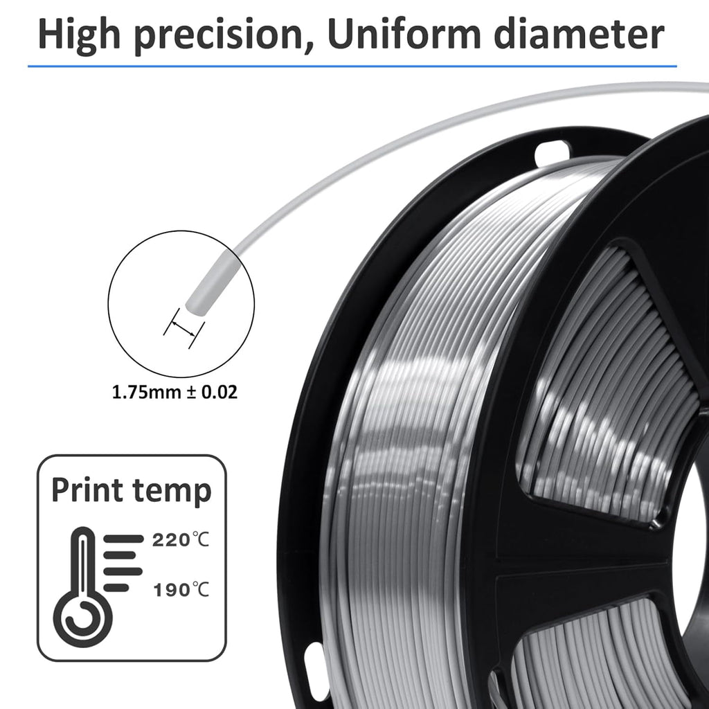 3D Printer Filament with Shiny Surface, Silk Silver PLA Filament 1.75mm Shiny Metallic PLA Silk Filament 250g Spool 3D Printing Filament.
