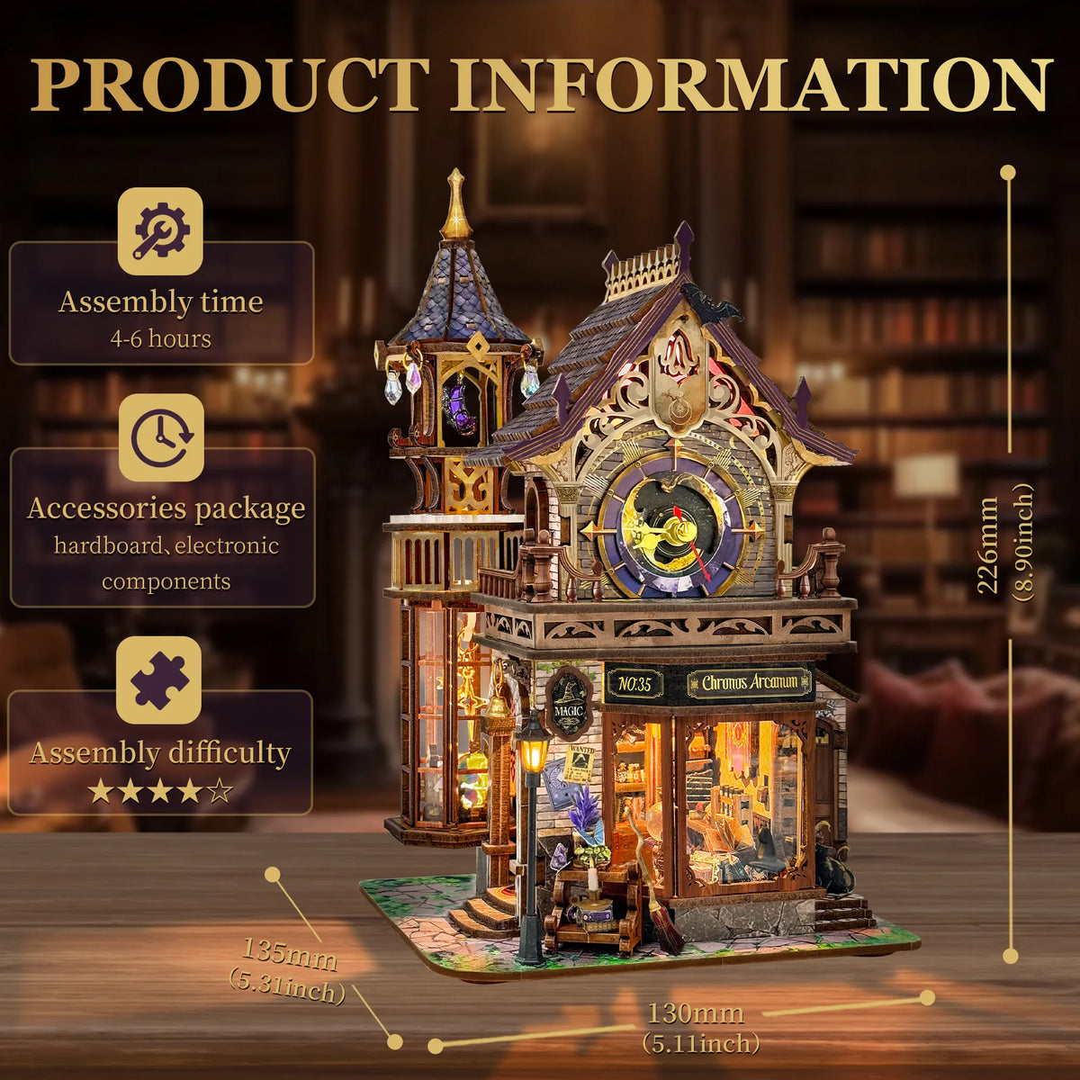 Strucwood DIY Book Nook Kit Time Magic Club: Magical Clock Tower, LED Lights, 3D Wooden Puzzle Gift for Adults（SQ-71）