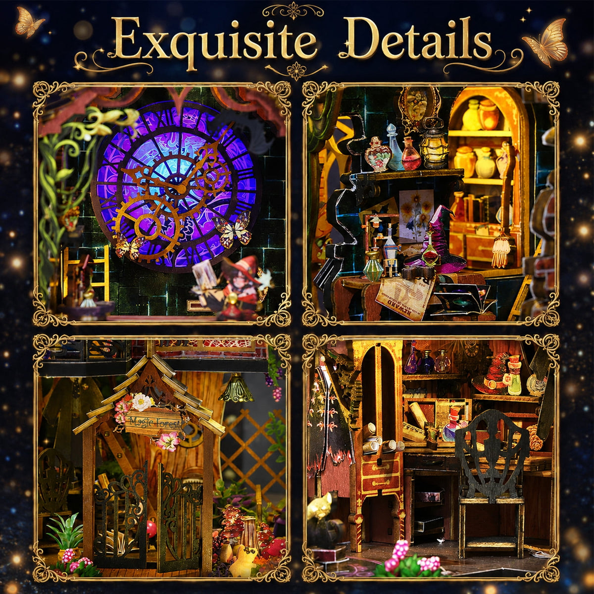 MOJINO Book Nook kit, DIY Miniature House Kit for Adults, Magic Witch House 3D Wooden Puzzle Dollhouse with LED Lights, Fantasy Room Decor and Craft Gift