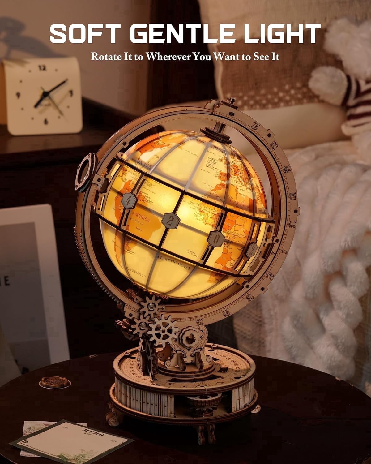 Robotime Illuminated Rotating Globe Wood 3D Puzzle with Night Light, Creative Gift For Adults & Teens 14+, 185 Pieces