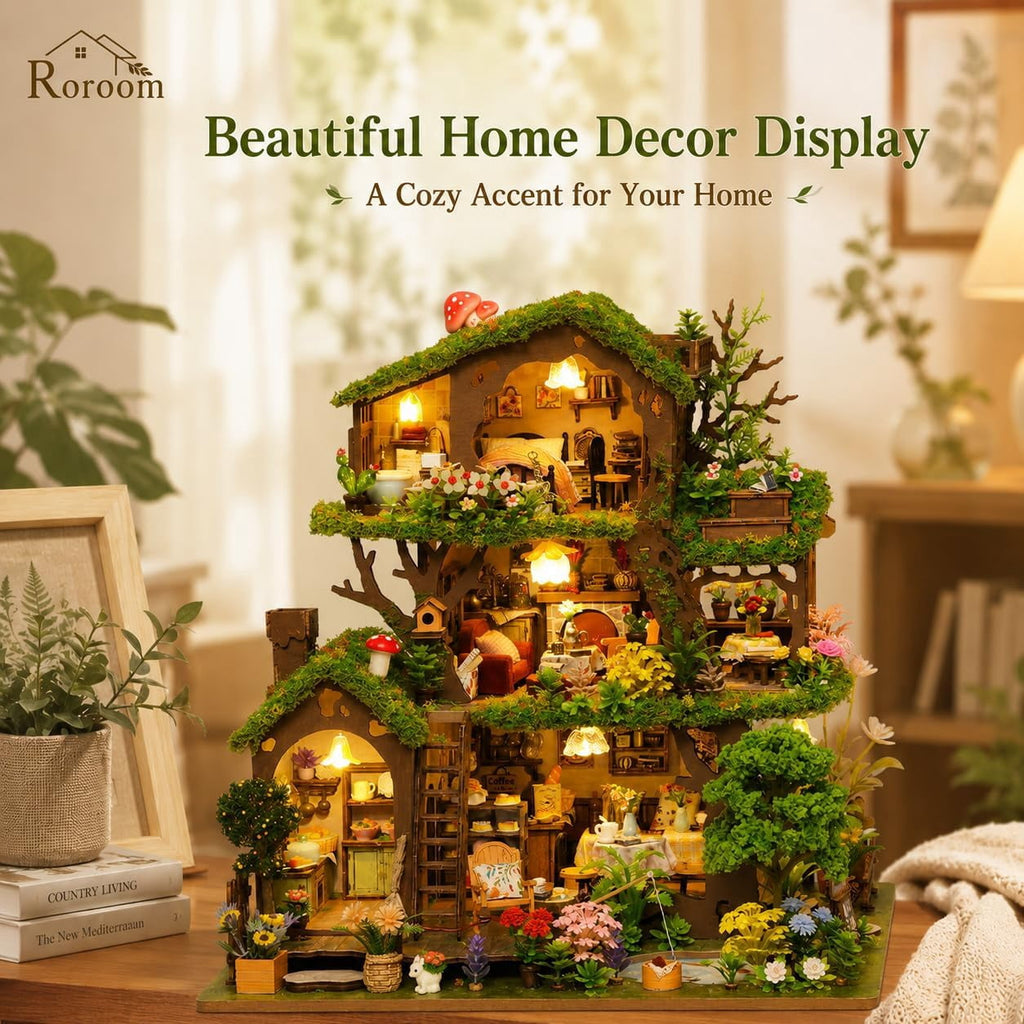 3D Puzzles for Adults, Fairy-Tale Treehouse Book Nook Kit, Wooden DIY Miniature House Kit for Bookshelf Decor,Creative Crafts for Women, Friends & Hobbyists