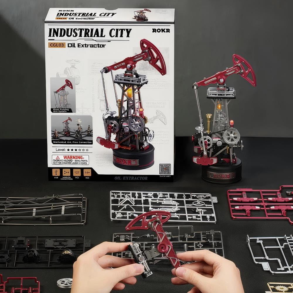 ROKR Oil Pump Jack Mechanical 3D Wooden Puzzle, DIY Industrial Model Kit with Moving Gear Mechanism, LED Display, Type-C Powered Desk Decor Gift for Adults and Teens
