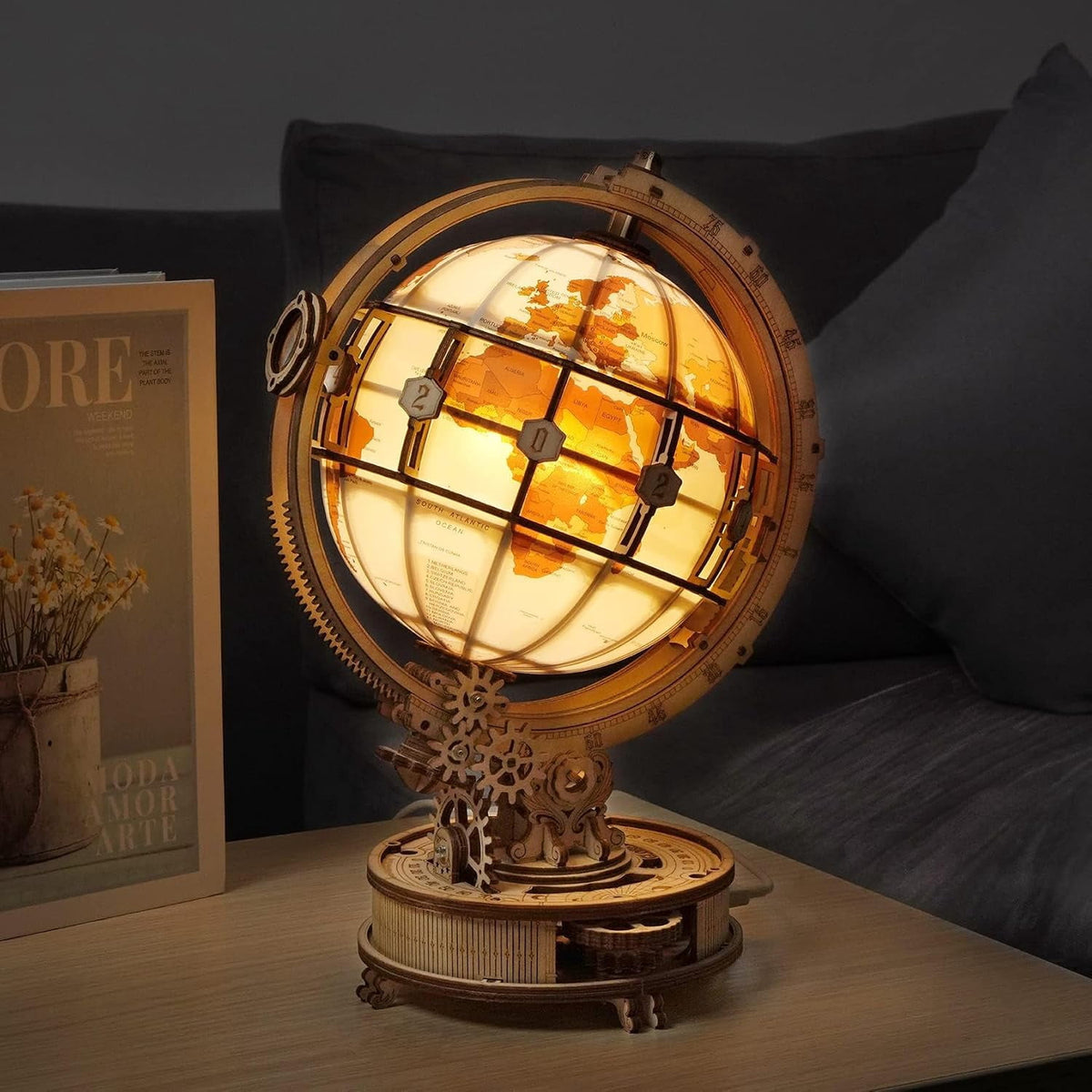 Robotime Luminous Globe Wood 3D Puzzle with Night Light, Creative Gift for Adults & Teens 14+, 180 Pieces