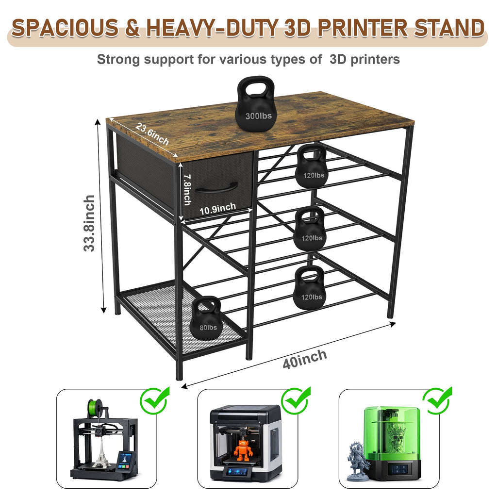 3D Printer Stand with Large Filament Storage – 4-Tier 3D Printer Filament Storage Rack with Drawer, Heavy Duty 3D Printer Table Desk for Home, Workshop, Office, Studio, Classroom, Garage