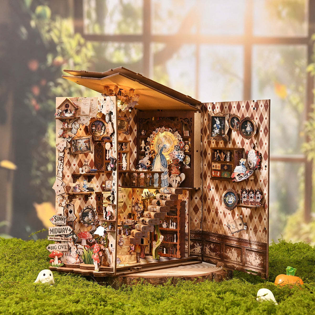 DIY Book Nook Kit with LED Light, Fantasy Wonderland Fold-Out Storybook Diorama, 3D Wooden Puzzle Bookshelf Decor Gift for Adults Teens
