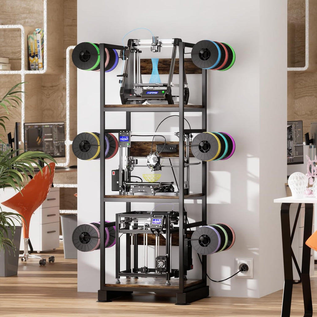 3-Tier 3D Printer Stand, Rack with Filament Storage, Retro Brown | Supports up to 3 printers side filament storage, 2 AC outlets + USB ports, 150 lb capacity for studios and workshops