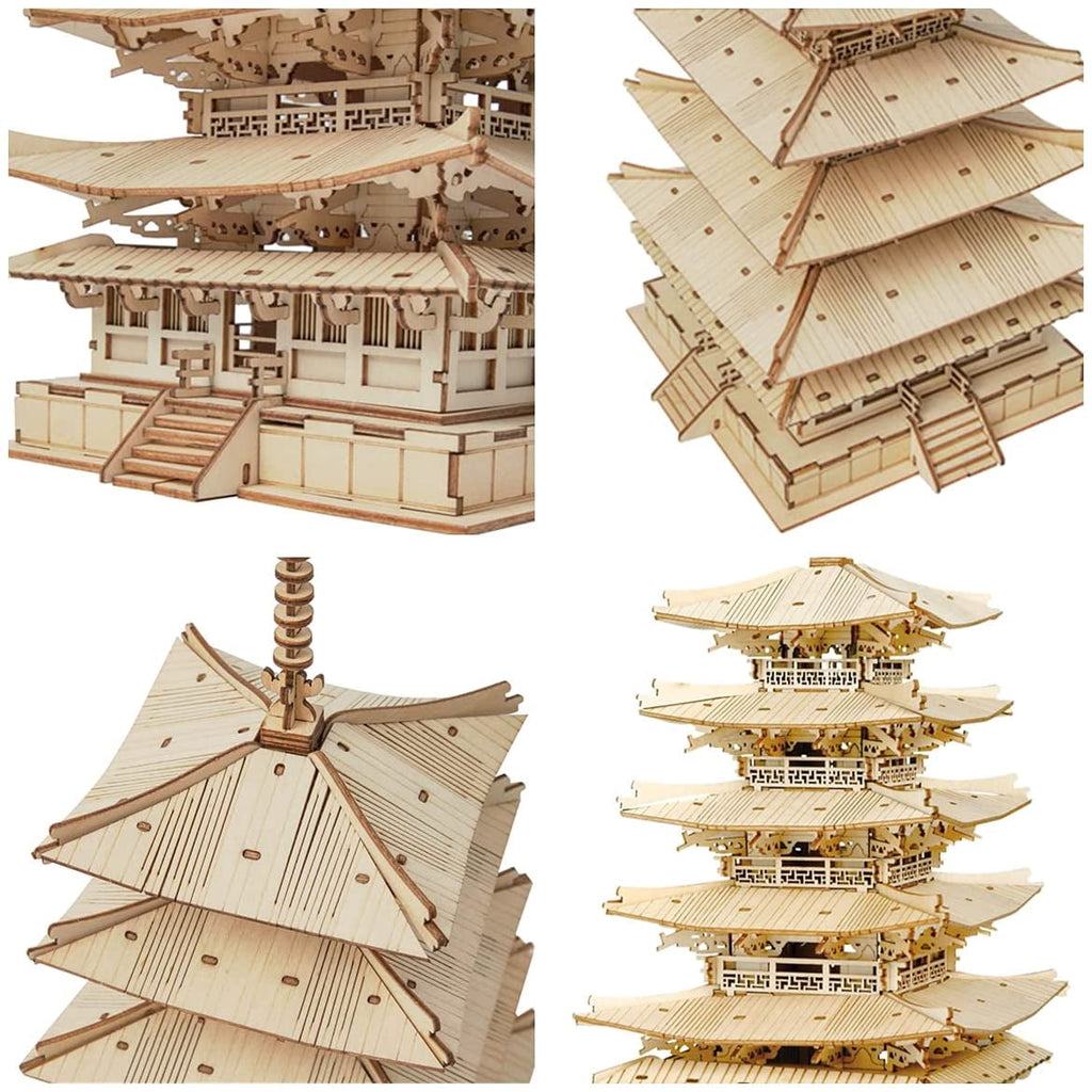 Rolife 3D Puzzles Wooden Model Kits DIY Five-Storied Pagoda Mechancial Building Construction Creative Jigsaw Craft Kits Best Gift for Teens