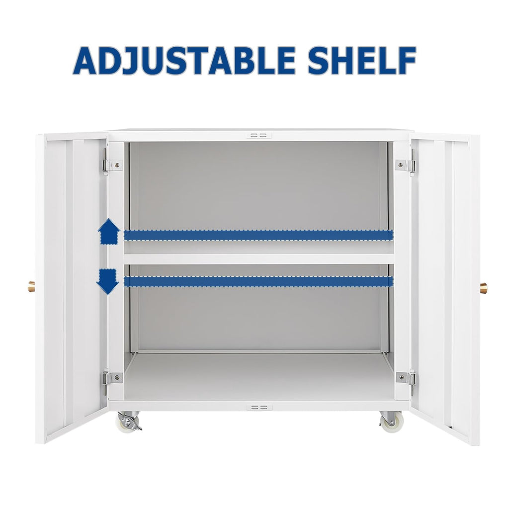 Heavy Duty Metal Printer Stand with Lockable Doors - Adjustable Shelf & Wheels - Large Mobile Filing Cabinet for Office Storage, 3D Printers, Copiers, Heat Press - 90kg Capacity - White, Big