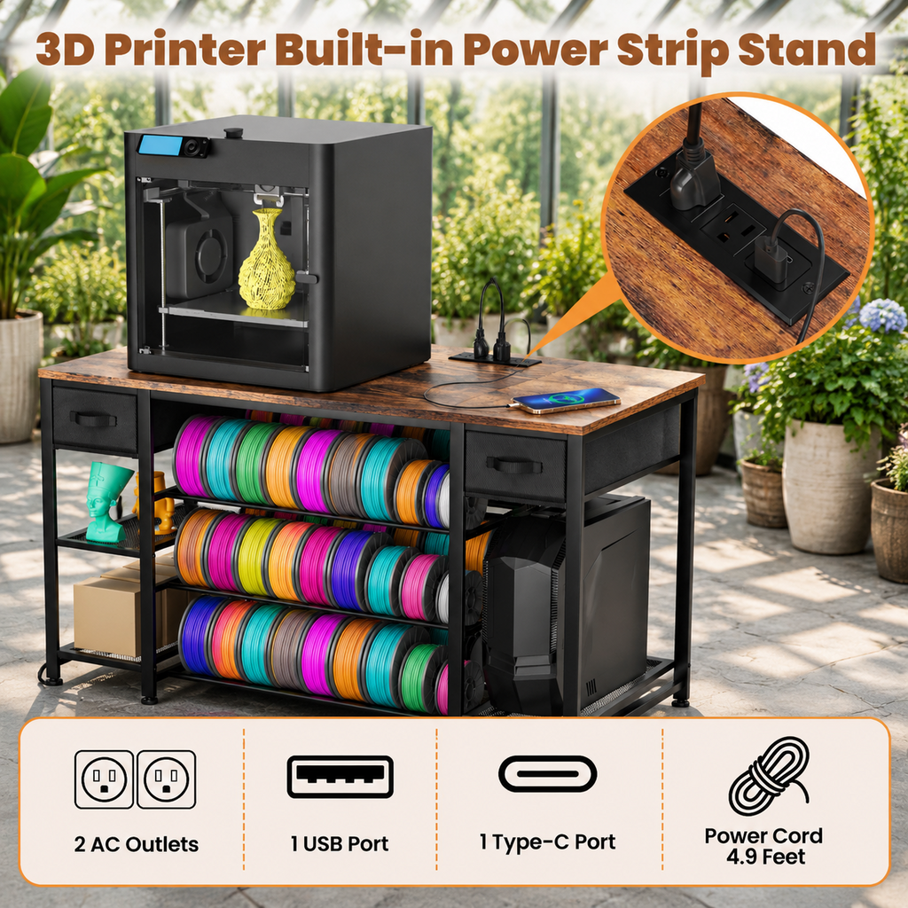 Rectangular Brown Heavy Duty Metal 3D Printer Table with Storage Drawer and Power Hub