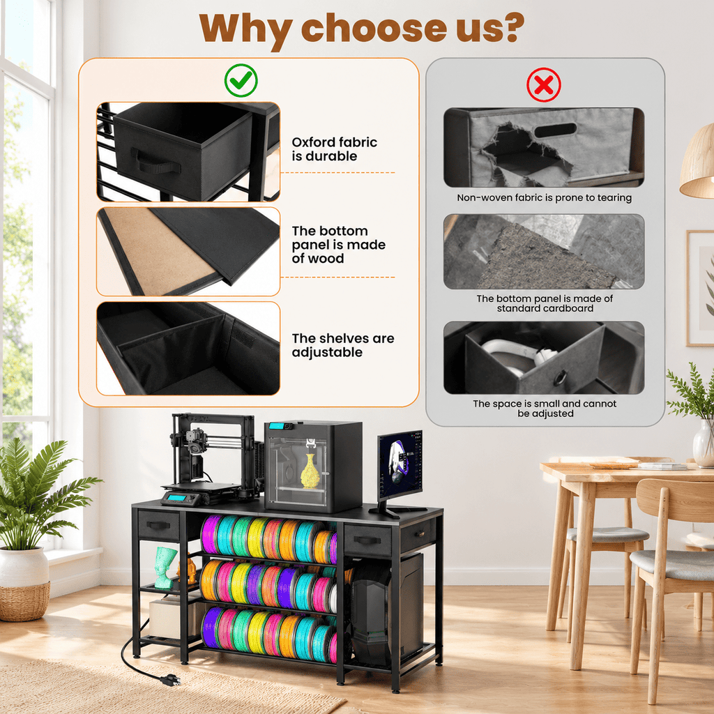 Rectangular Brown Heavy Duty Metal 3D Printer Table with Storage Drawer and Power Hub