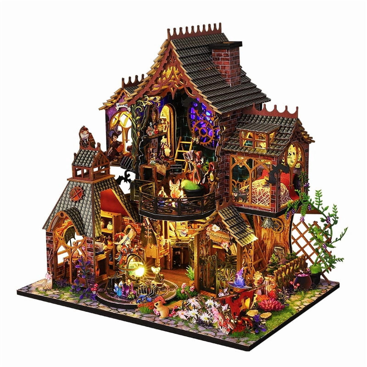 Magic Spirit 3D Wooden Miniature Model Kit - Enchanted Wizard Cottage with Glowing LED Windows, Fantasy Forest Villa DIY Puzzle Gift for Adults and Hobbyists