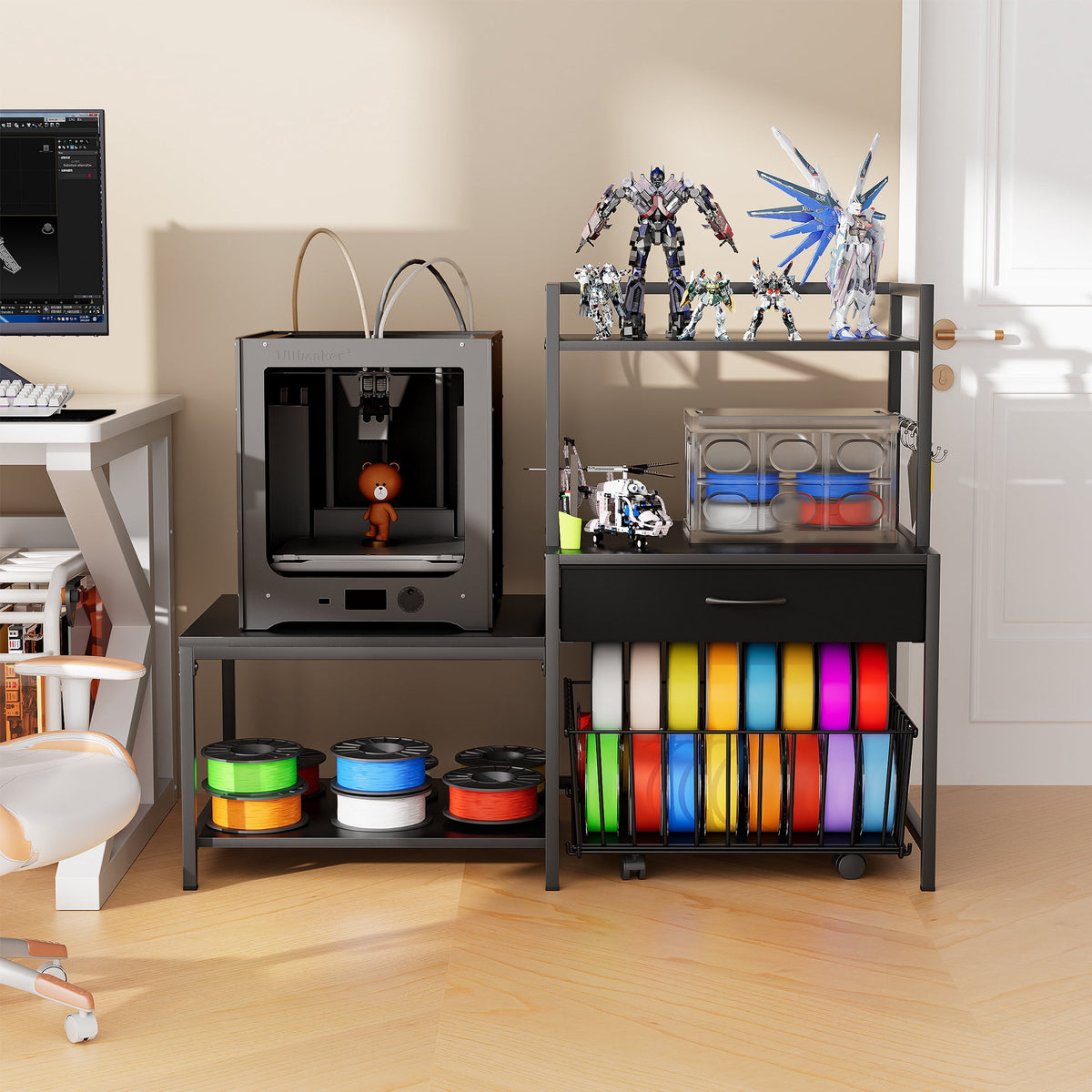 Heavy Duty 3D Printer Stand with Storage Shelf and Drawer, Industrial Rolling Printer Rack for 3D Printer Filament and Tools, Sturdy Metal Frame Printer Table for Home Office Workshop
