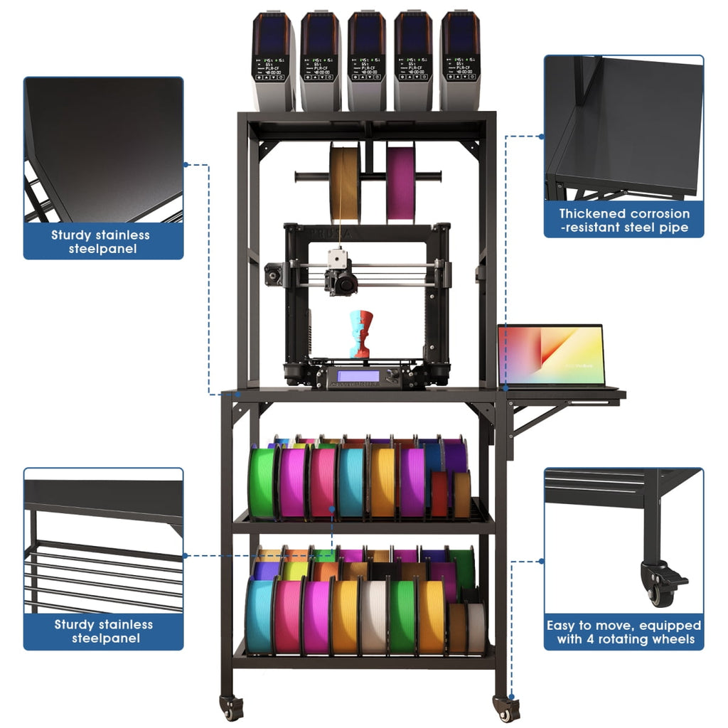 YANGXUN 3D Printer Stand with Filament Storage Built in Power Panel Open Frame Heavy Duty Metal Workstation for Home and Office