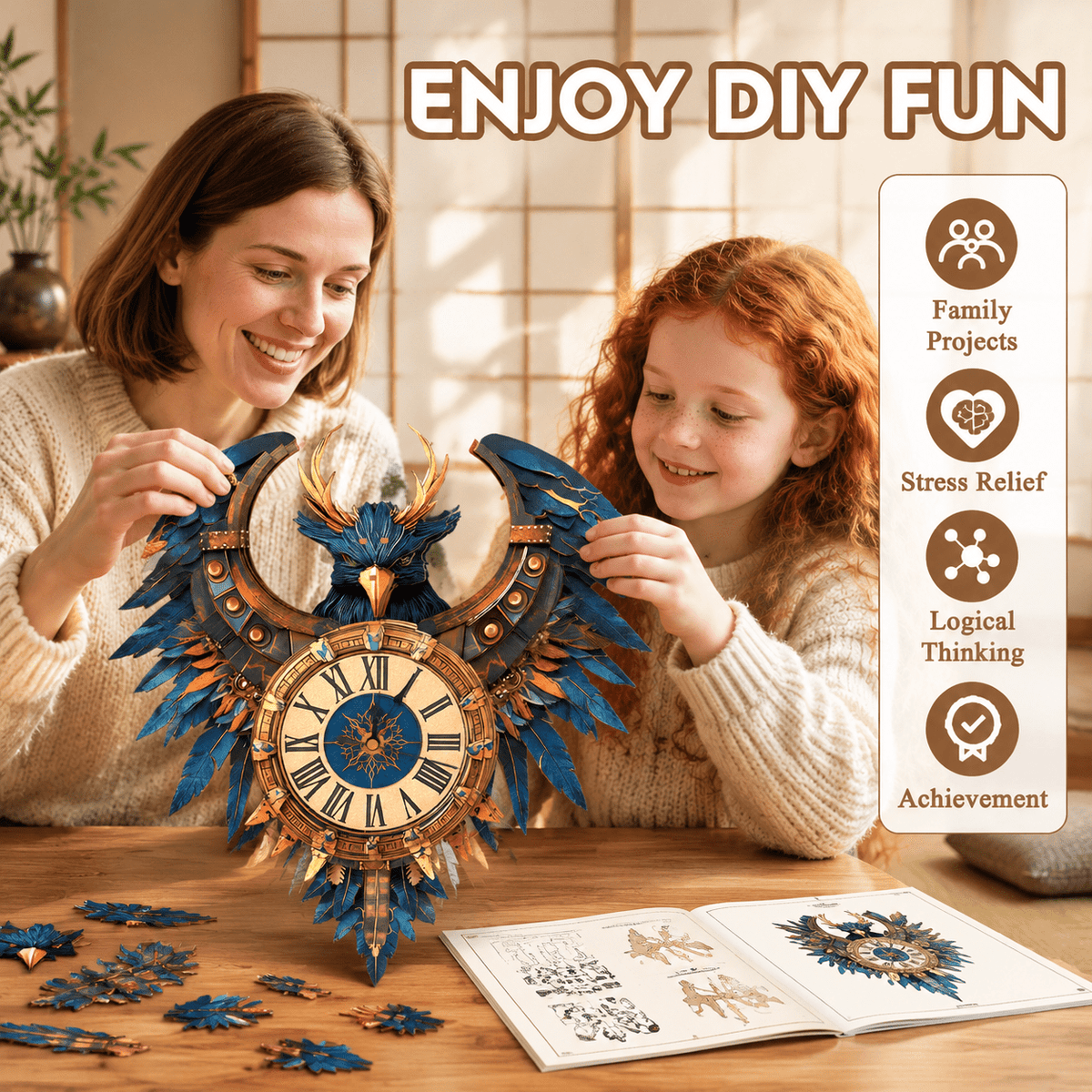 Wooden House Clock 3D Puzzle DIY Mechanical Clock Kit for Adults Teens