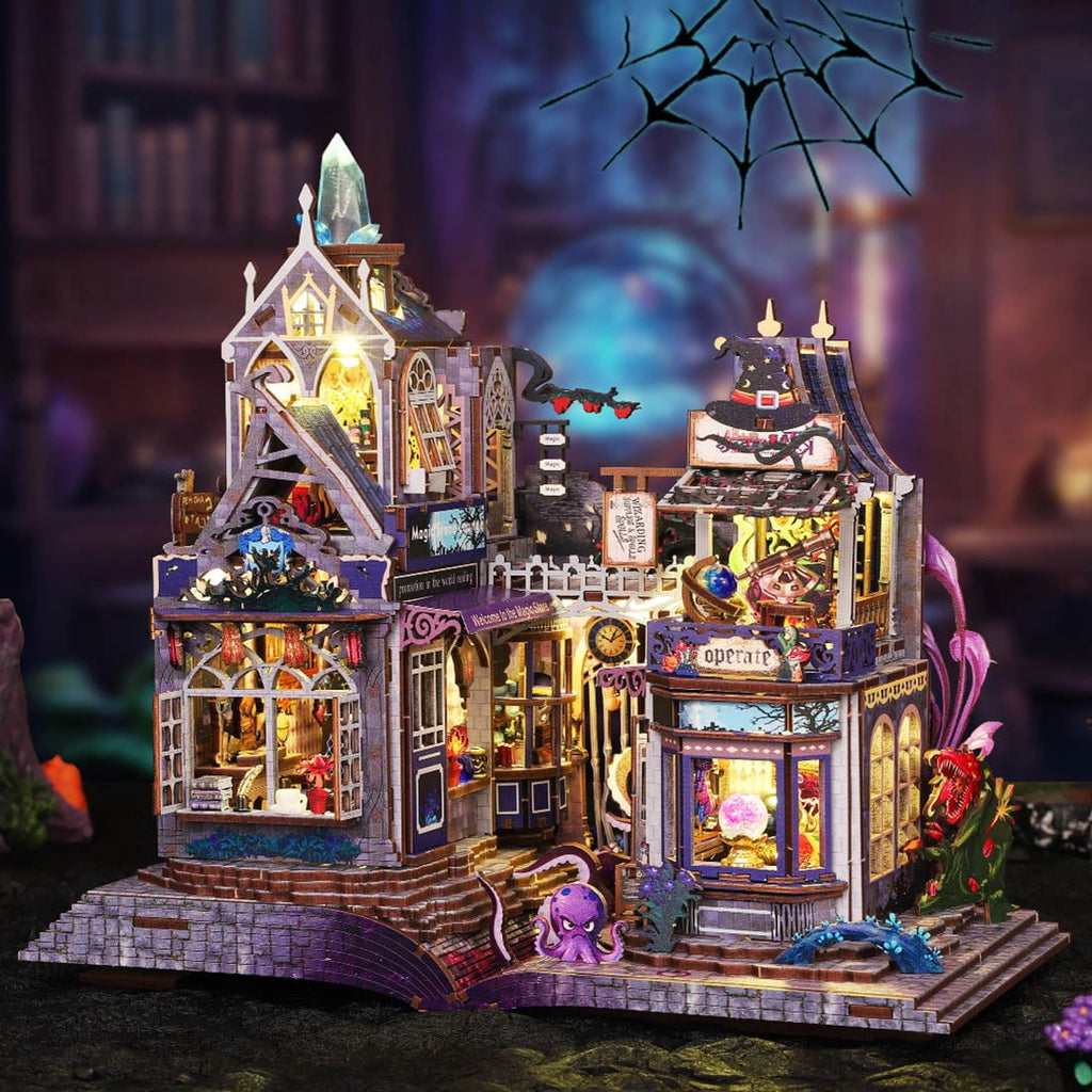 DIY Miniature House Kit, 3D Wooden Puzzle Magic Castle Street Scene Model Kit with Touch Light, Handcrafted Miniature Fairy Tale House for Adults