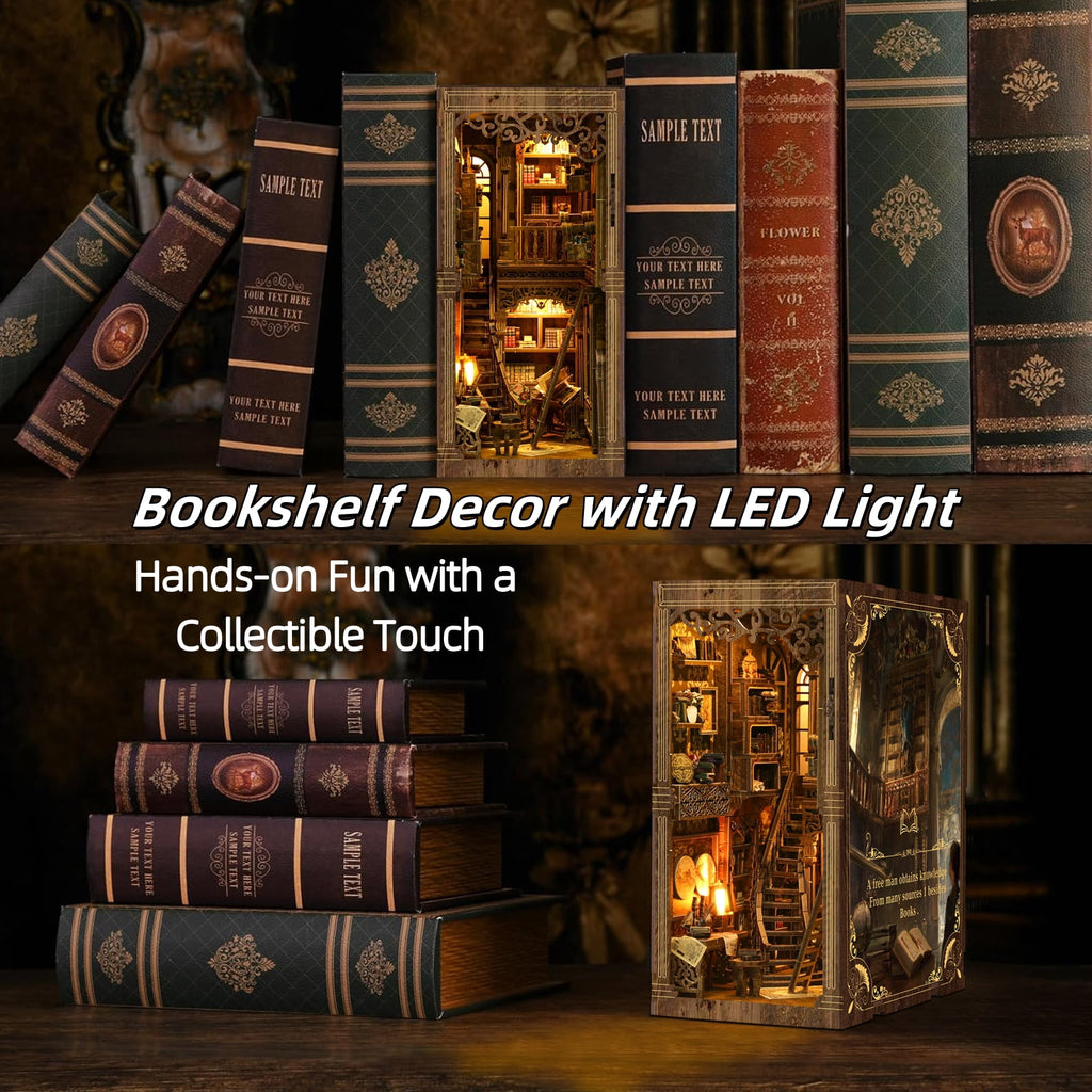 Book Nook Kit, Antique Library DIY Miniature House 3D Wooden Puzzle with LED Light, Bookshelf Insert Decor, Craft Kit Gift for Adults & Teens, Age 14+
