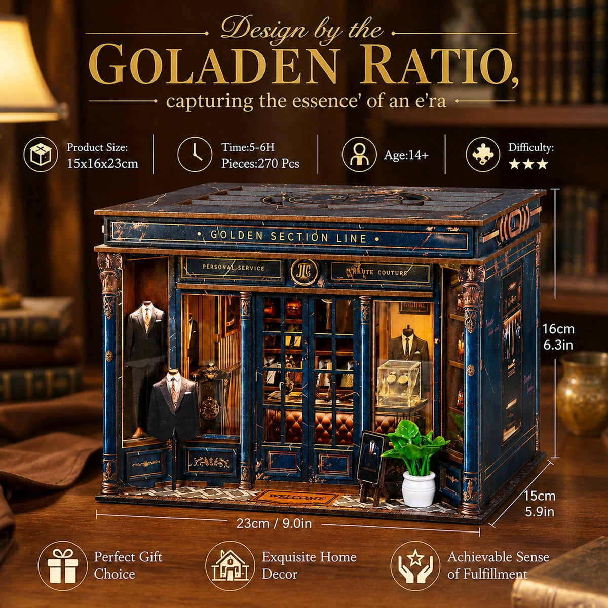 MOJINO Book Nook Kit for Adults, DIY Miniature House Kit, 3D Wooden Puzzle Bookshelf Decor, Suit Shop Craft Kit, Golden Section Line