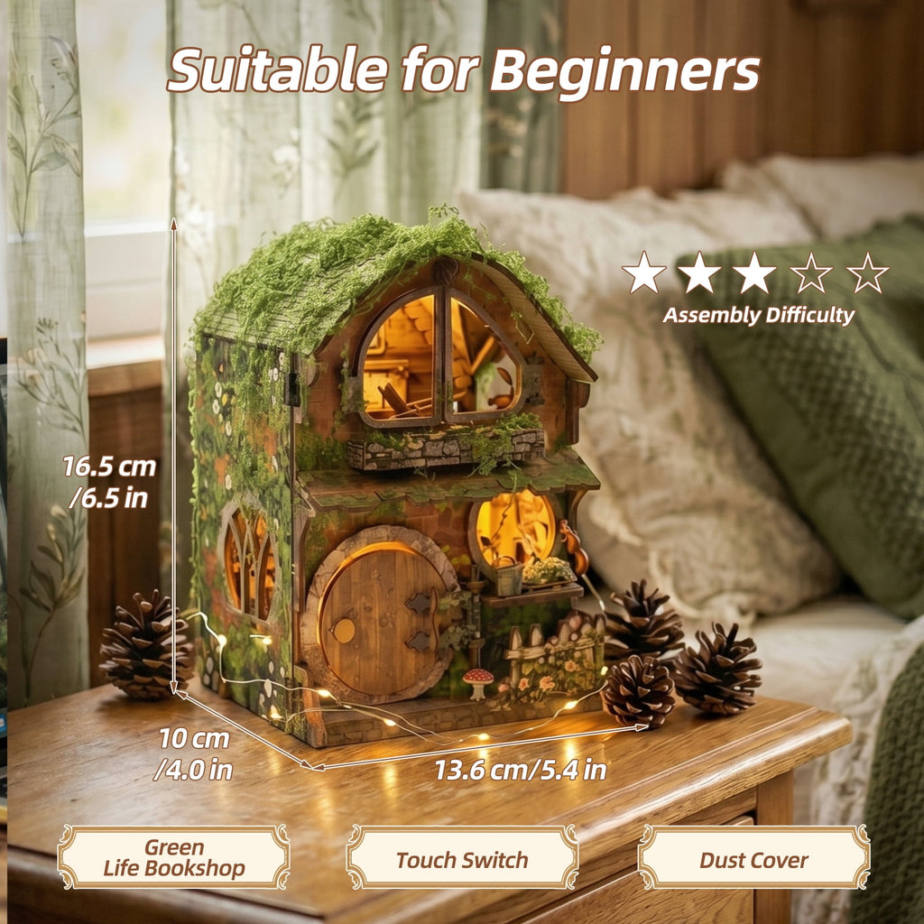 DIY Book Nook Kit for Adults, 3D Wooden Puzzle Tiny House Bookshelf Decor with LED Light, DIY Miniature House Kit Gifts for Family and Friends