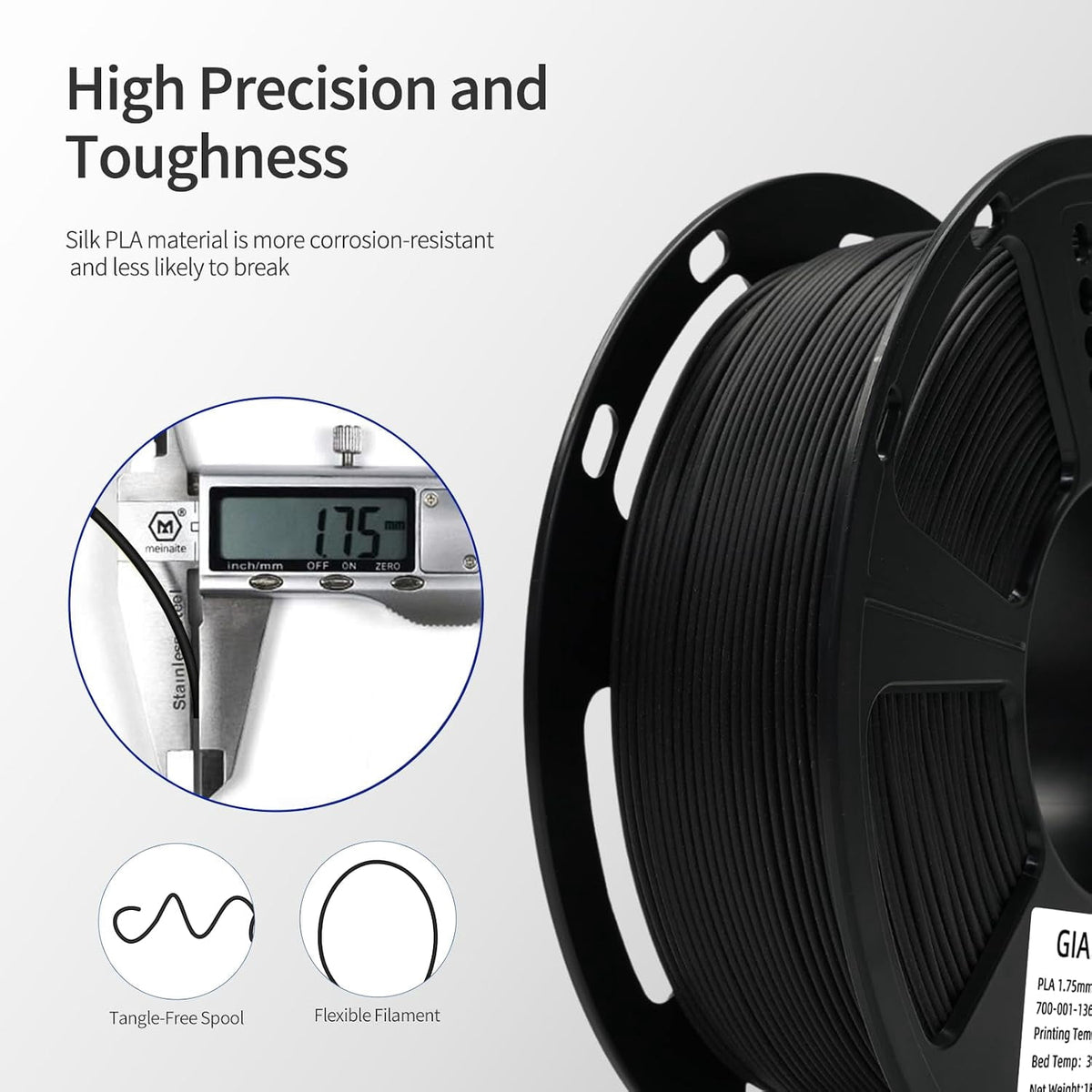 GIANTARM 2PC PLA 3D Printer Filament 2kg Spool, 1.75mm +/-0.03mm, 1080 Feet per Roll, Vacuum Packaging(Black+White)