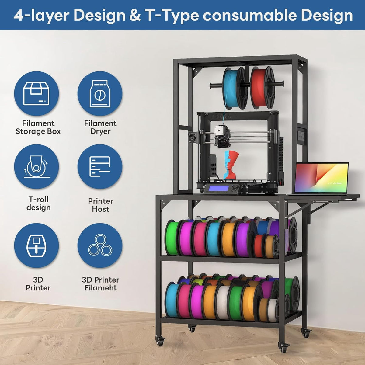 Black Metal 3D Printer Stand with Storage Rack, Wheels, and T-Shaped Spool Holder, 28.7x23.2x65.4 in