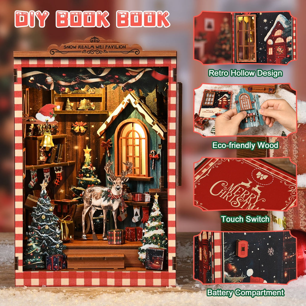 Book Nook Kit, DIY Miniature House Kit for Adults Beginners, Dollhouse Mini Booknook Kits, Wood Bookends Building Model Puzzle Toy with LED Light, 3D Wooden Puzzles Crafts Gifts