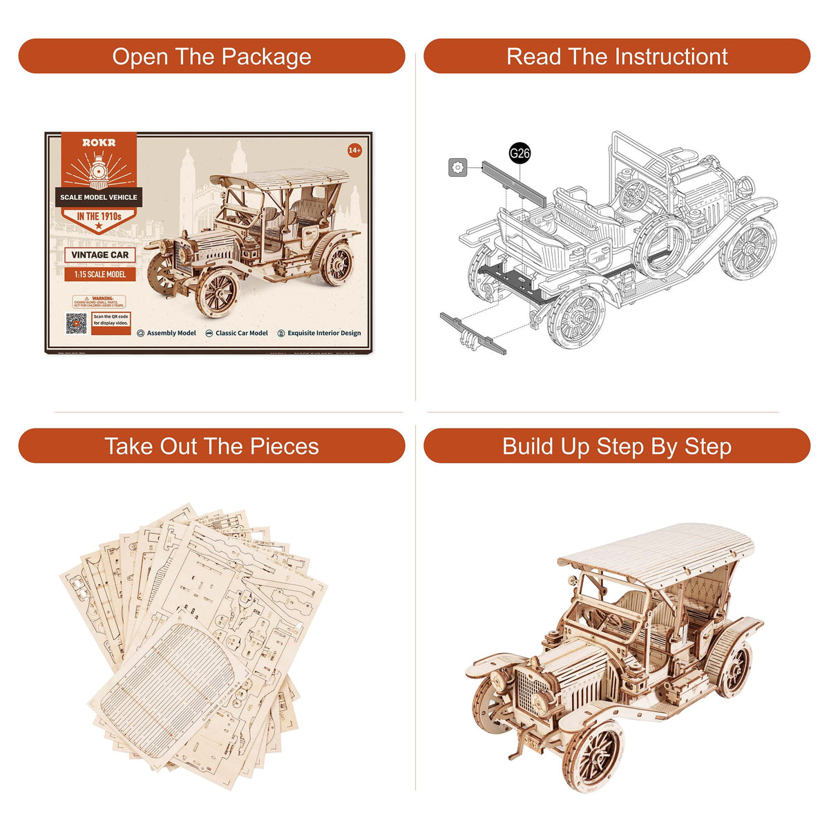 ROKR 3D Wooden Puzzle Vintage Car 1:15 Scale Exquisite Wood Craft Kit Gift for Adults Desk Toys Gift for Boys/Girls