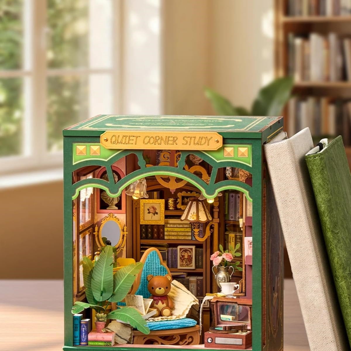 Rolife Quiet Corner Study Diy Book Nook Kit, 3D Wooden Puzzle with Led Light and Openable Window, Bookshelf Decor for Adults